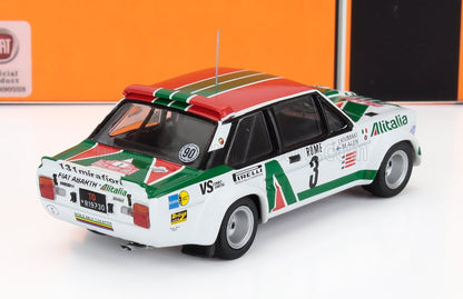 Modellino in scala di un'auto da rally Fiat Abarth bianca con livrea Alitalia, disponibile su Vroomi.