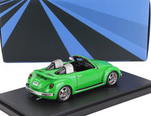 Green convertible model car with silver seats on black display stand, available through Vroomi