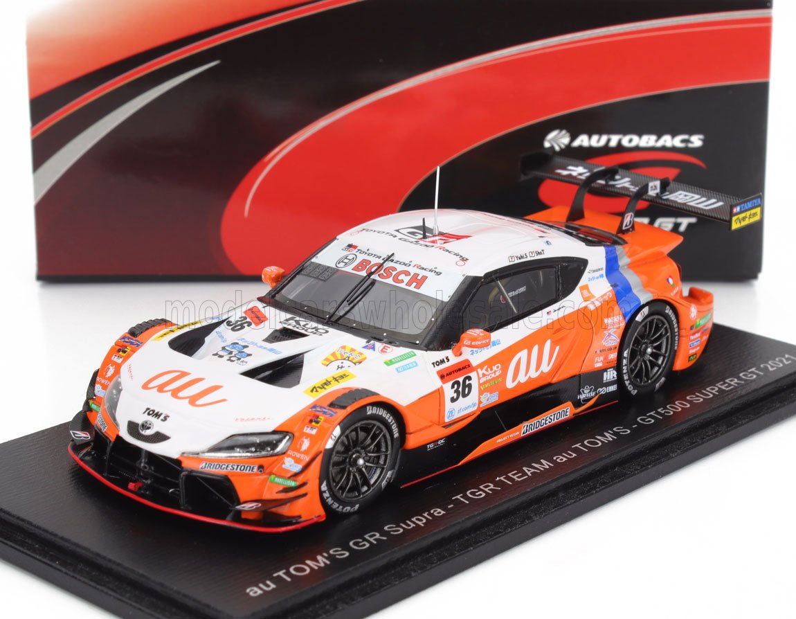 Modello dell'auto da corsa TOM'S GR Supra GT500 2021 con sponsorizzazioni dettagliate, che puoi comprare su Vroomi.