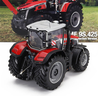 Modellino dettagliato del trattore Massey Ferguson in rosso e nero con cabina grigia, disponibile presso Vroomi collectors.