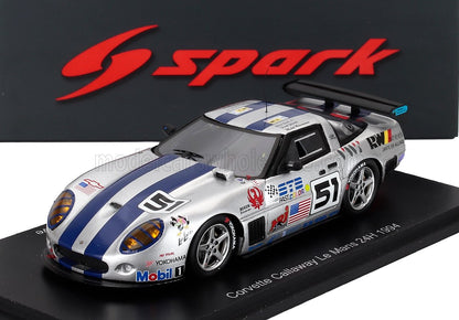 Modellino in scala 1/43 della Corvette Callaway Le Mans 24H 1994 con adesivi da corsa, carrozzeria argentata, striscia blu, disponibile su Vroomi.