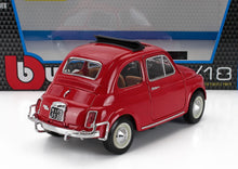 Red classic Fiat 500 model car with open black roof, detailed rear view, offered on Vroomi