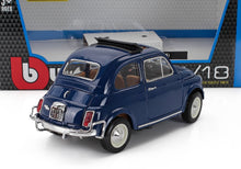 Blue 1:18 scale classic Fiat 500 model car with black sunroof and whitewall tires, sold on Vroomi