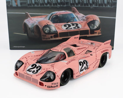 Modello di auto da corsa Porsche 917 rosa numero 23 con adesivi Shell e sponsor, disponibile su Vroomi.