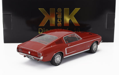 Modellino diecast Mustang GT rossa del 1968 con cerchi dettagliati, presentato con scatola nera KK Scale, disponibile su Vroomi.