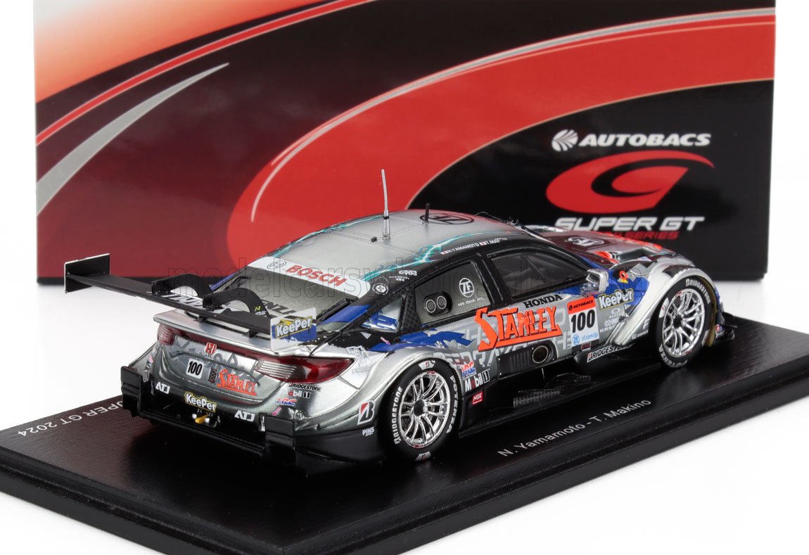 Modellino in argento di un'auto da corsa Honda Super GT in scala 1:43 con i loghi Stanley e Keeper, disponibile su Vroomi.