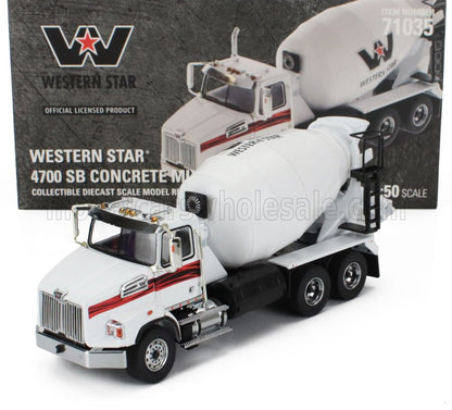 Modellino di camion con betoniera White Western Star 4700 SB in metallo pressofuso con strisce rosse, disponibile su Vroomi.