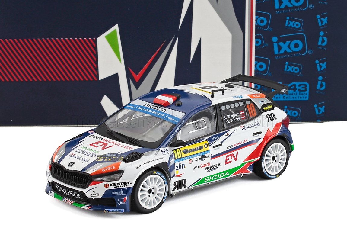 1:43 scale Škoda Fabia rally car model with sponsor decals, available through Vroomi platform