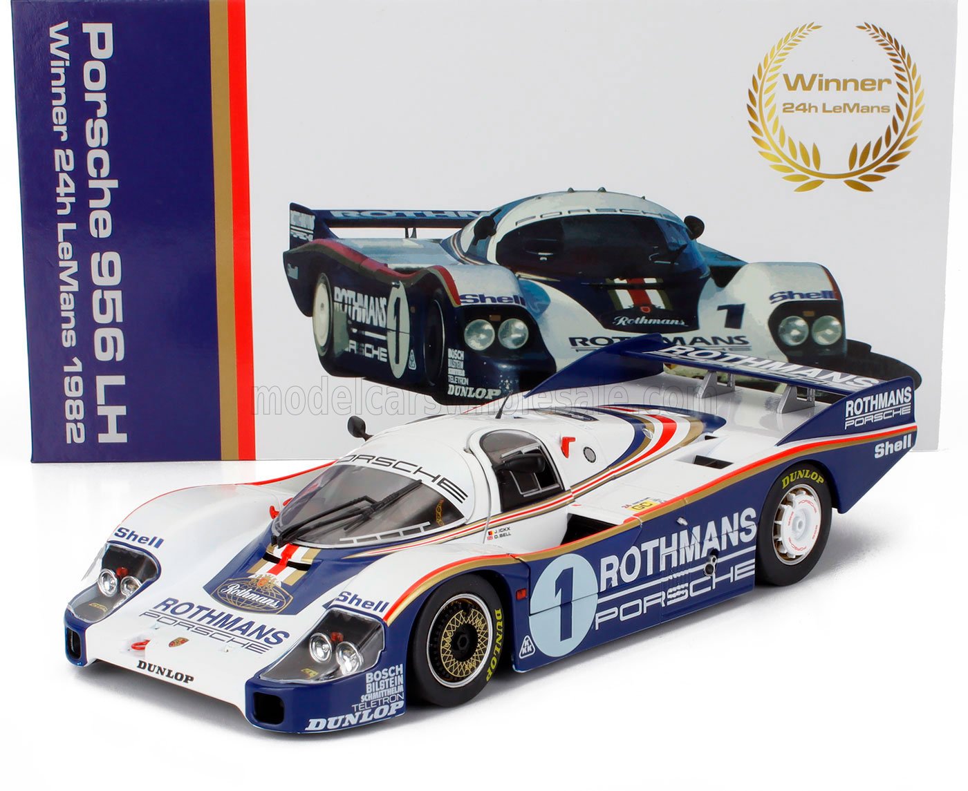 Modello dell'auto da corsa Porsche 956 LH 1982 Rothmans Le Mans con livrea dettagliata, disponibile anche su Vroomi.