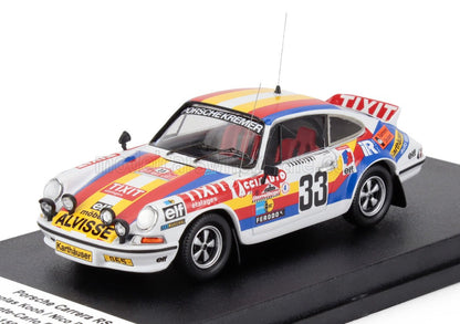 Modellino in scala della Porsche Carrera RS rally n. 33 con adesivi colorati degli sponsor, disponibile su Vroomi.