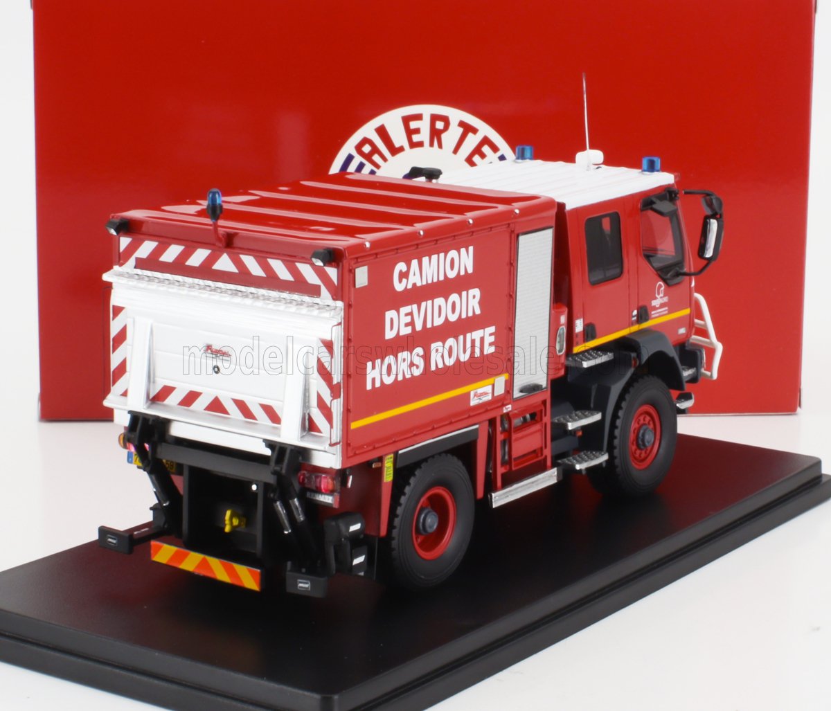 Modellino in scala di un camion dei pompieri rosso e bianco con la scritta "Camion Devidoir Hors Route", apparso su Vroomi.