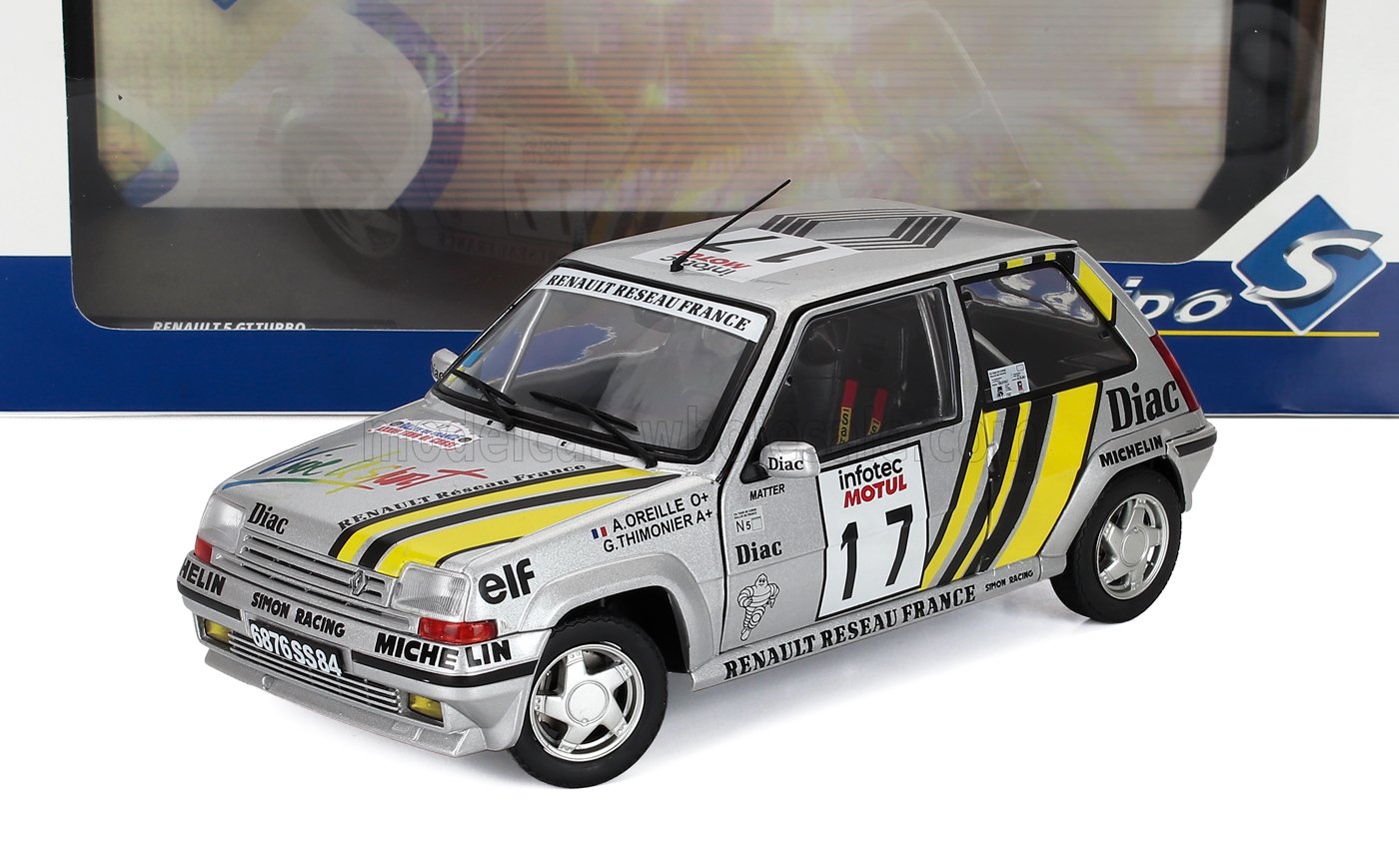 Modellino in metallo pressofuso Renault 5 GT Turbo da rally con strisce gialle da corsa e decalcomanie dettagliate, disponibile su Vroomi.