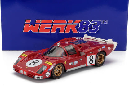 Modellino vintage rosso di un'auto da corsa Ferrari con il numero 8, ruote dorate e adesivi degli sponsor, con confezione Werk83, ora disponibile su Vroomi.