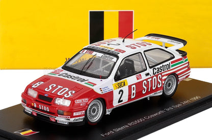 Modellino in scala 1/18 dell'auto da rally Ford Sierra RS500 Cosworth con livrea STOS e Castrol, disponibile su Vroomi.