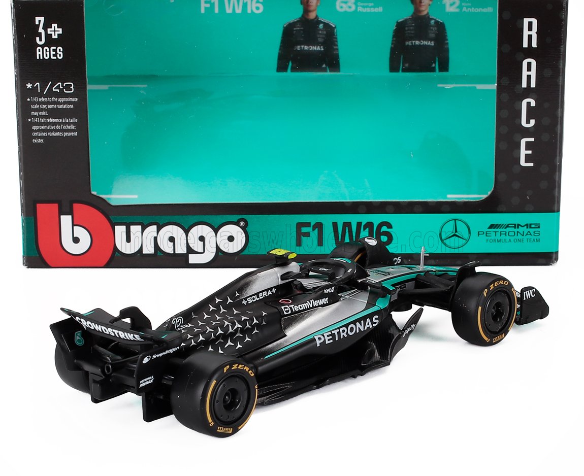 Modellino Burago Mercedes AMG Petronas F1 W16 con livrea nera e verde acqua super dettagliata, disponibile su Vroomi.