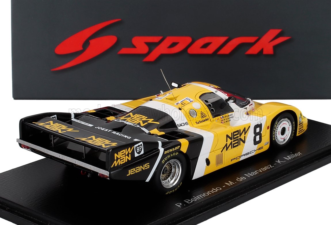 Modellino Porsche 962C New Man in scala 1/43, giallo e nero, di Spark, che puoi trovare su Vroomi.