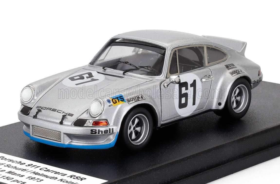 Modellino da corsa Porsche 911 Carrera RSR in argento in scala 1/43, numero 61, oggetto da collezione disponibile online.