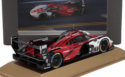 Red and white Porsche 963 race car model with detailed sponsor logos displayed on gold base, available on Vroomi