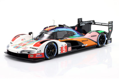 Porsche 963 race car in colorful livery with Hypercar logos, featured on motorsport Vroomi platform