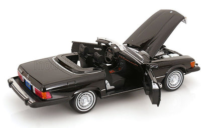 Modellino in metallo della Mercedes-Benz 450SL cabriolet nera con porte e cofano apribili, disponibile su Vroomi.