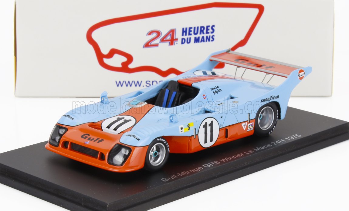 Modellino dell'auto da corsa Gulf Mirage Le Mans 24h 1975 in blu e arancione, con il numero 11, disponibile su Vroomi.