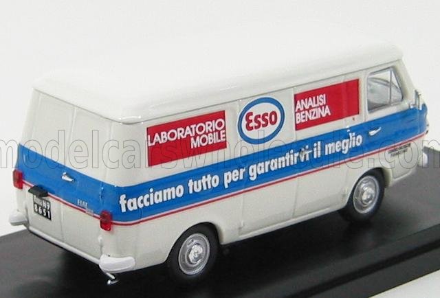 Modello vintage bianco e blu del furgone laboratorio mobile Fiat Esso con scritte in italiano, disponibile sulla piattaforma Vroomi.