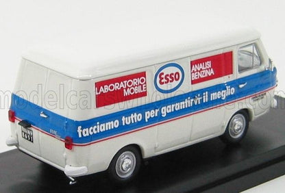 Modello vintage bianco e blu del furgone laboratorio mobile Fiat Esso con scritte in italiano, disponibile sulla piattaforma Vroomi.