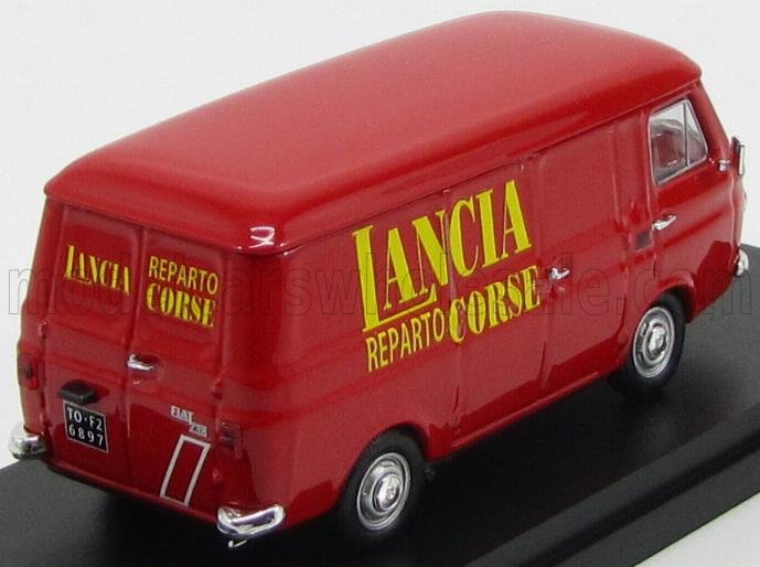 Modellino vintage del furgone Lancia Reparto Corse rosso con logo giallo, ora disponibile su Vroomi.