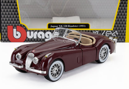Modellino di Jaguar 120 Roadster del 1951 color bordeaux con interni beige e pneumatici con fascia bianca, disponibile su Vroomi.