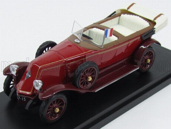 Modellino di auto decappottabile vintage rossa con interni bianchi e bandiera francese, in vendita su Vroomi.