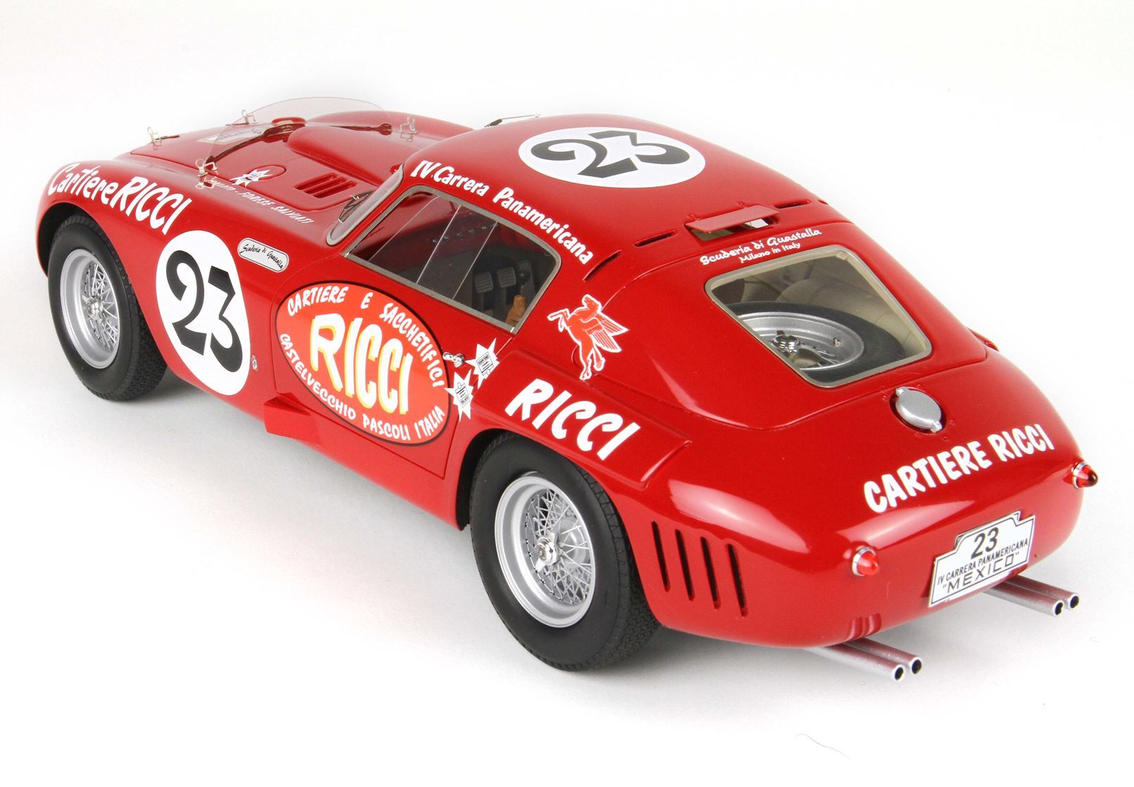 Red vintage racing car with number 23 and Ricci sponsorship, classic model now offered on Vroomi