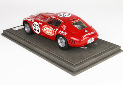 Red vintage race car model number 23 with Ricci sponsorship on display base, sold on Vroomi