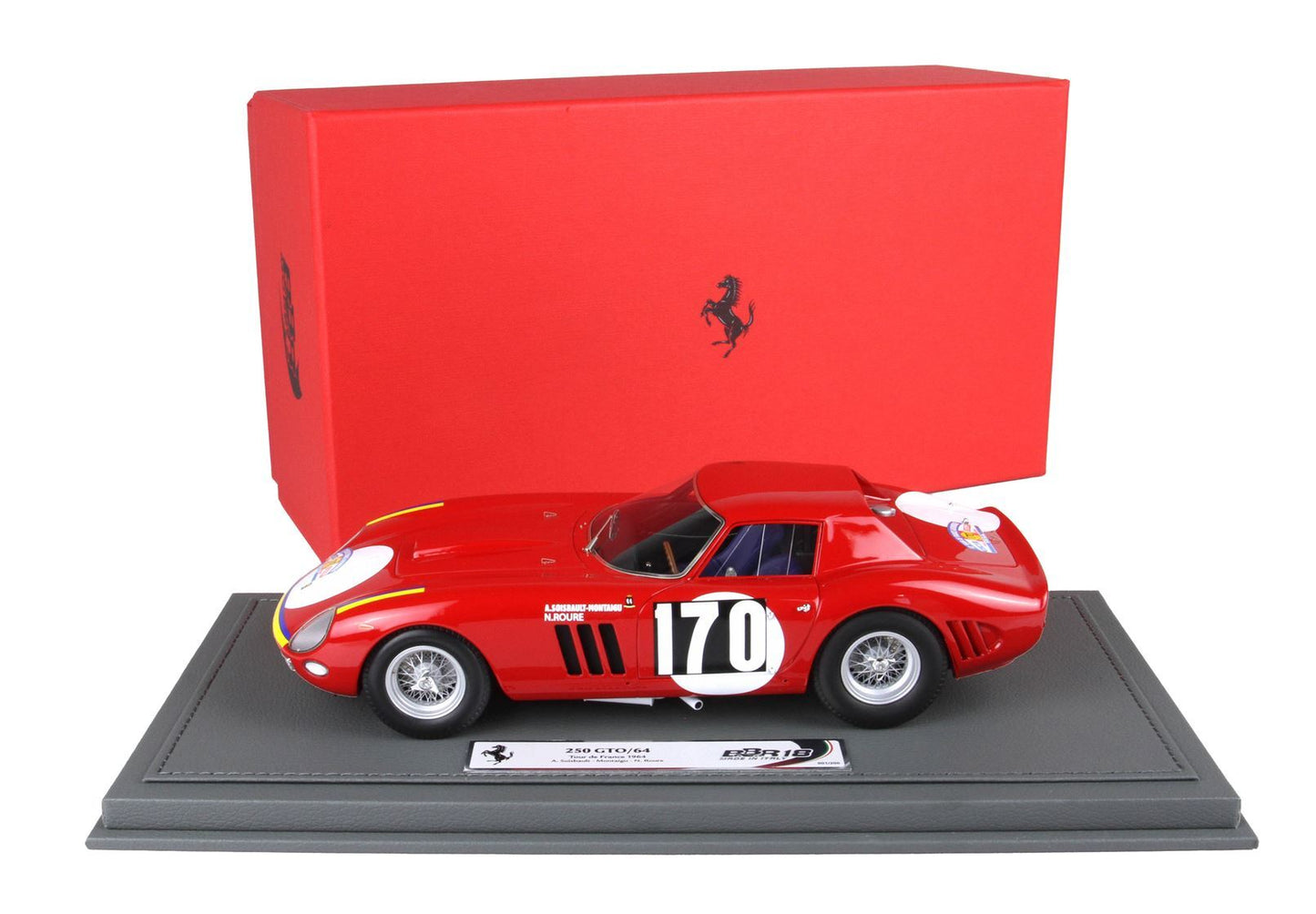 Red Ferrari 250 GTO model car number 170 on display base with Ferrari red box, available on Vroomi