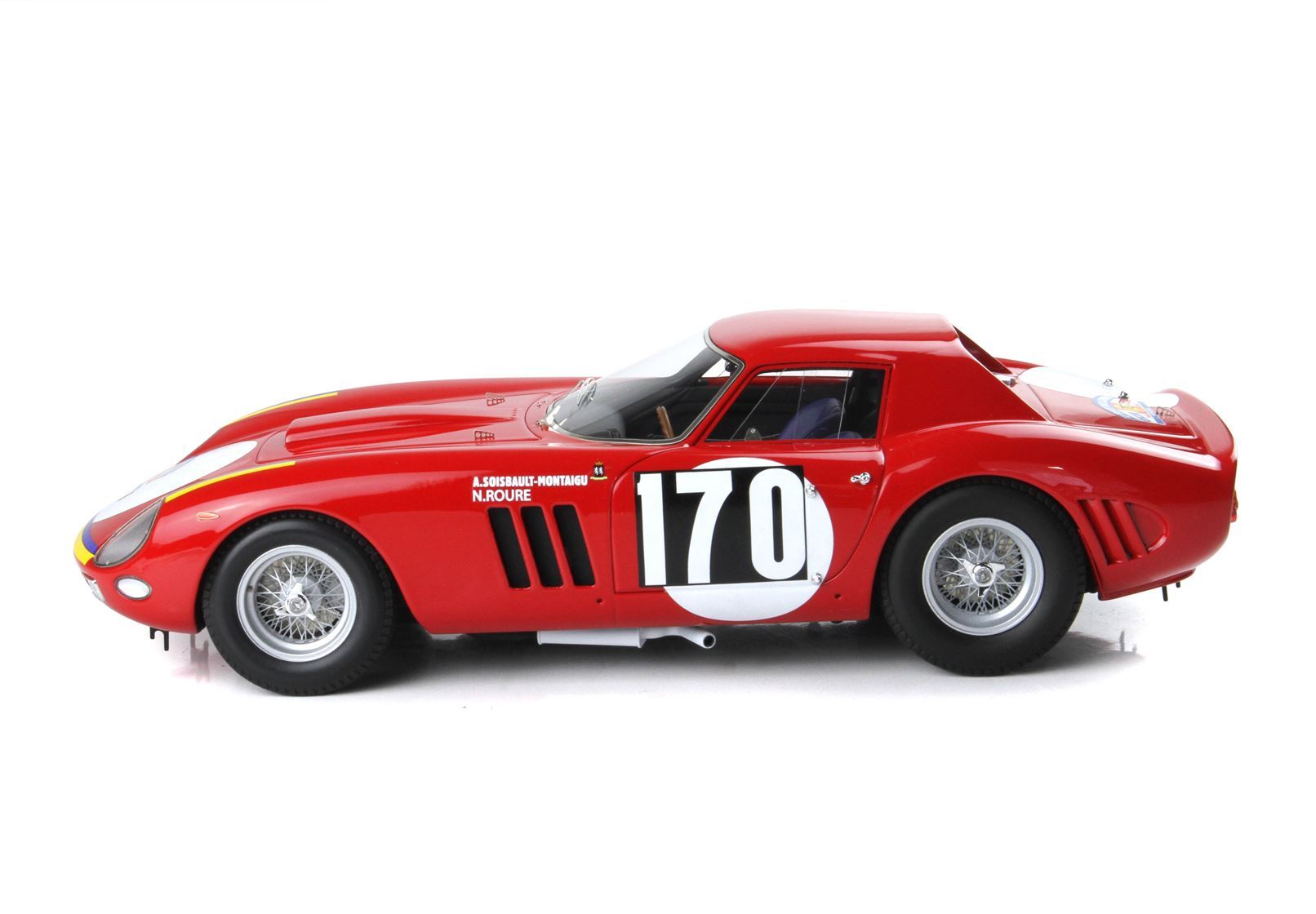 Red classic race car number 170 with wire wheels, driver's names on side, listed on Vroomi platform