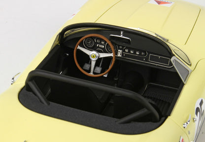 Yellow classic Ferrari convertible model car interior with wooden steering wheel, available on Vroomi