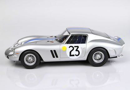 Silver classic race car number 23 with blue stripe and wire wheels, available on Vroomi