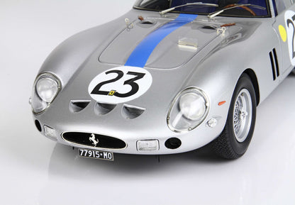 Close-up of silver Ferrari race car front with blue stripe and number 23, offered on Vroomi