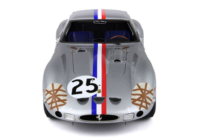 Silver vintage Ferrari race car with number 25, red and blue racing stripes, available on Vroomi