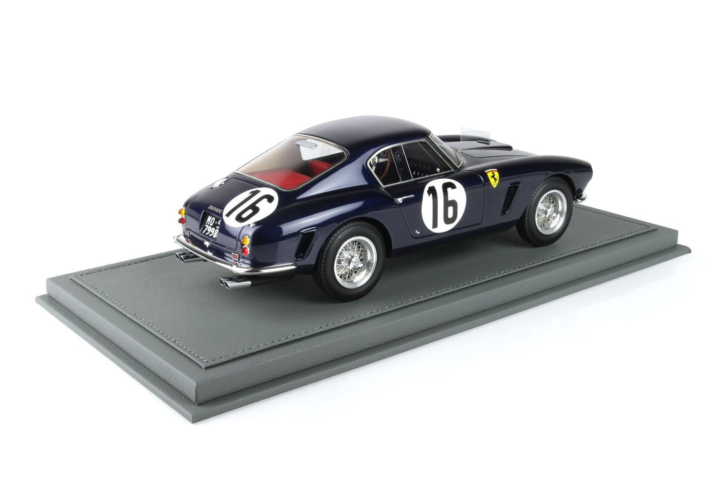 Dark blue Ferrari 250 GT Berlinetta race car model with number 16, displayed on gray base, now available on Vroomi