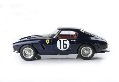 Dark blue vintage Ferrari race car with number 16, wire wheels, and red interior, available via Vroomi