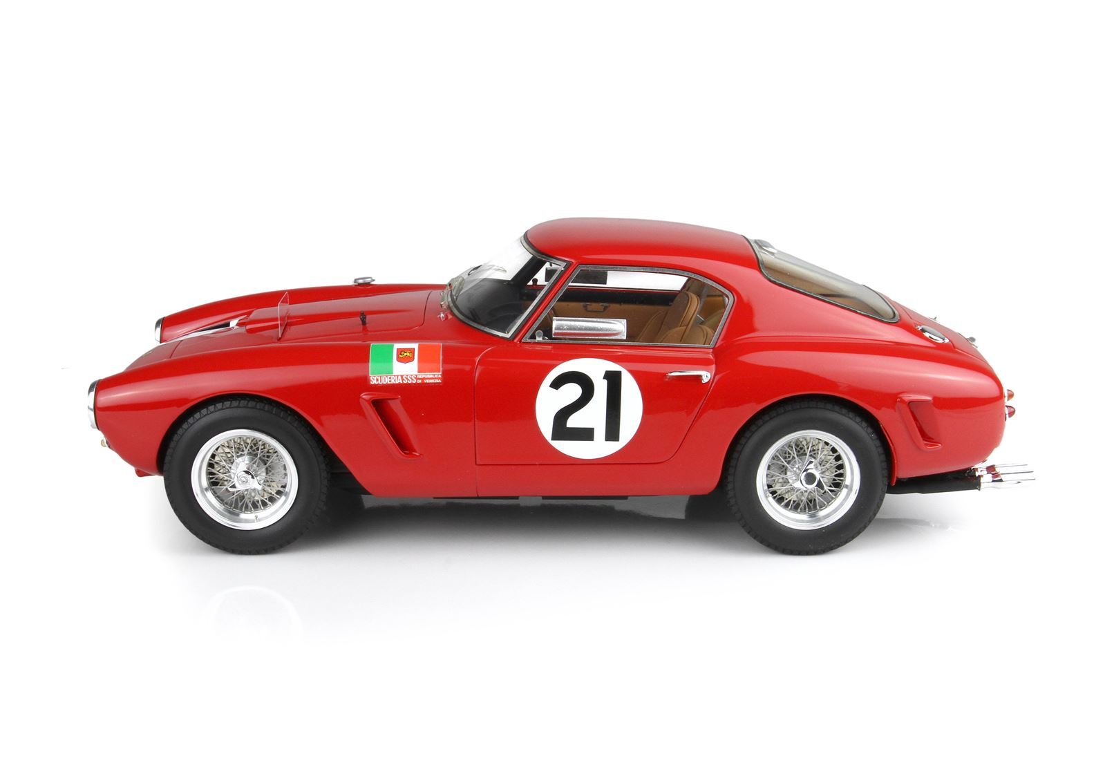 Red classic racing car model number 21 with wire wheels, available through Vroomi platform