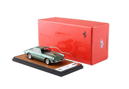 Green Ferrari 400 Superamerica model on display stand with red BBR Motors packaging, available on Vroomi