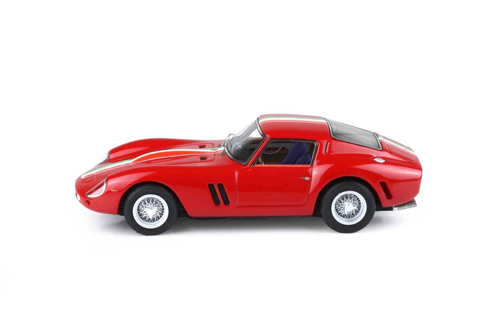 Red vintage sports car model with white racing stripes and wire-spoke wheels, available via Vroomi