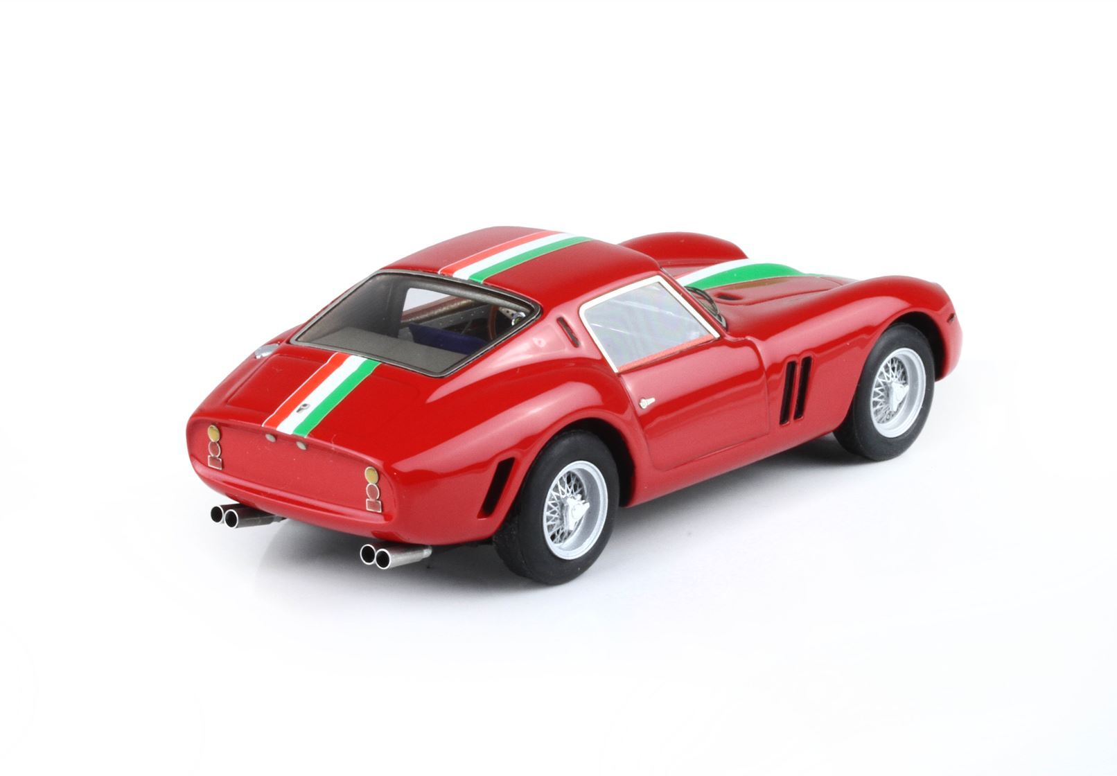 Red vintage sports car model with Italian flag stripe, wire wheels, available for purchase on Vroomi