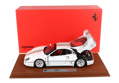 White Ferrari F40 model car with rear engine hood open, displayed on brown base with red box, available on Vroomi