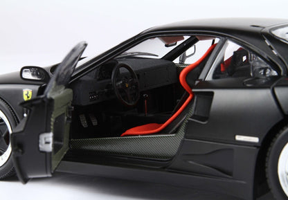 Black Ferrari sports car with open door showing red racing seat and carbon fiber interior, available on Vroomi