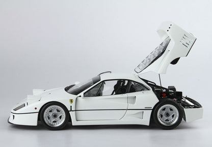 White Ferrari F40 sports car model with rear hood open, detailed engine view, available on Vroomi