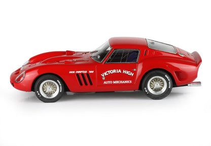 Red classic vintage racing car model with Victoria High Auto Mechanics logo, available via Vroomi