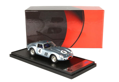 Silver Ferrari 250 GTO model car with racing number 4 on black display base and red-black box available on Vroomi