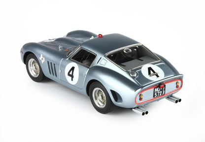 Metallic blue vintage Ferrari race car model with number 4, wire wheels, available on Vroomi